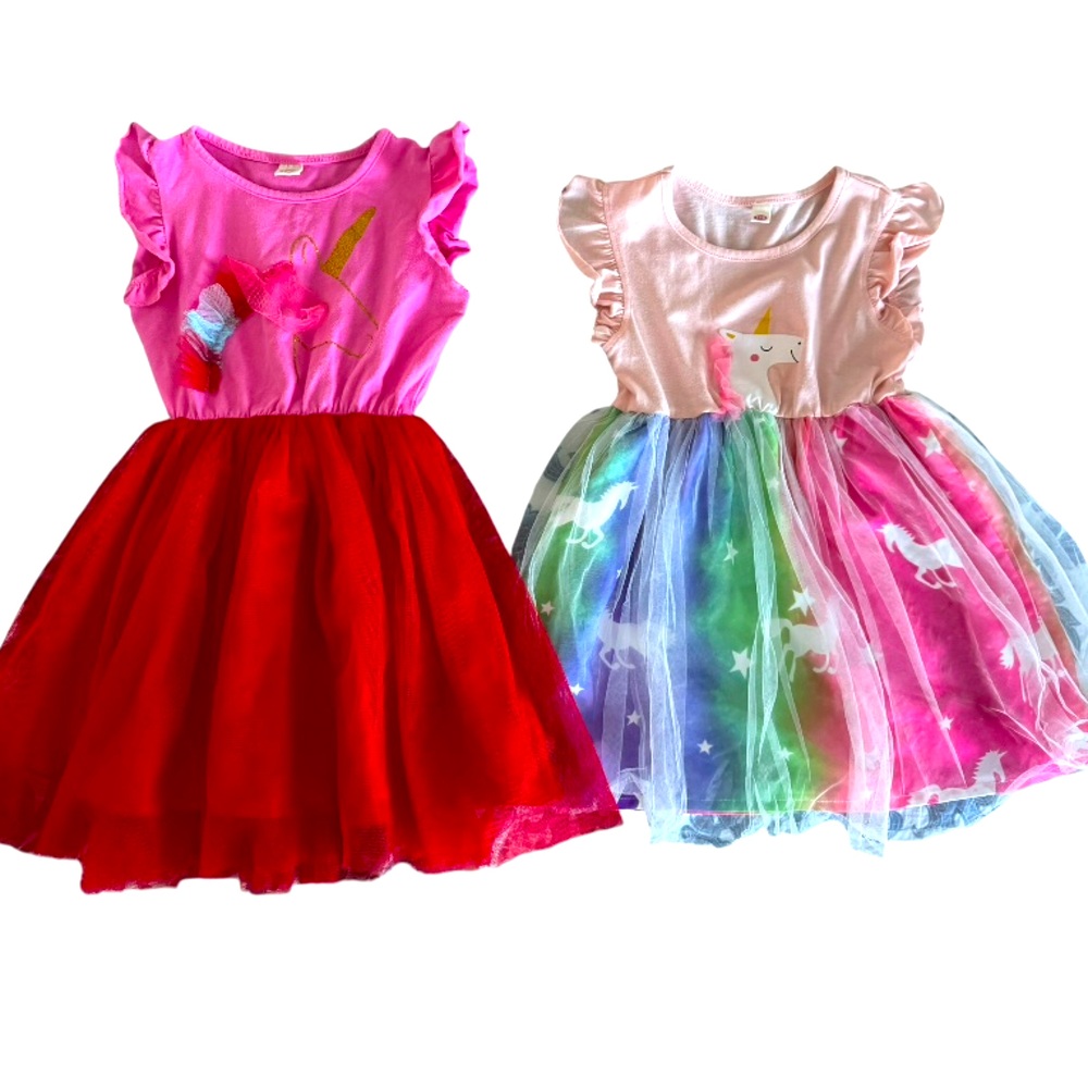 Two piece bundle little girls Unicorn 🦄 Ruffles Shortsleeved Tutu Dresses 👗2T-3T